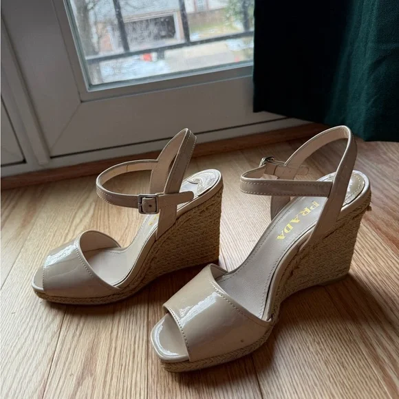 Prada Patent Leather Nude Espadrille Wedge Sandals Size 36.5 US 6.5 - Picture 6 of 9